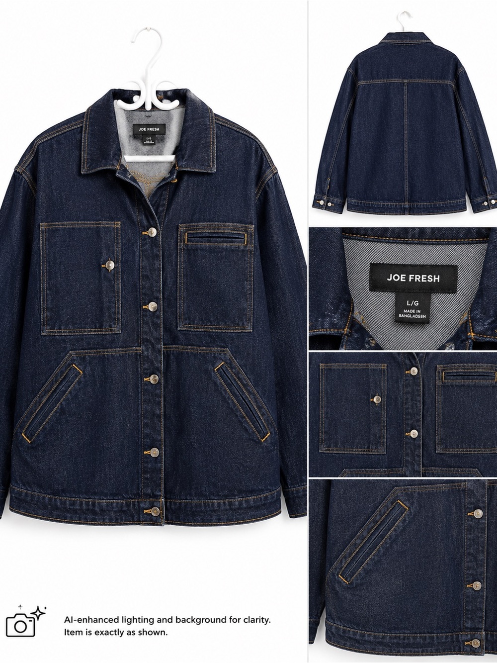 Oversized Dark Wash Denim Utility Jacket Chore Coat Large Joe Fresh